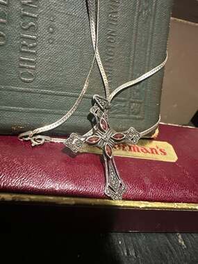 Vintage Sterling Silver Marcasite and Red Garnet Gothic Cross Pendant Necklace w